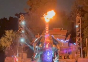 Disneyland fire-breathing dragon engulfed by flames during live performance of Fantasmic
